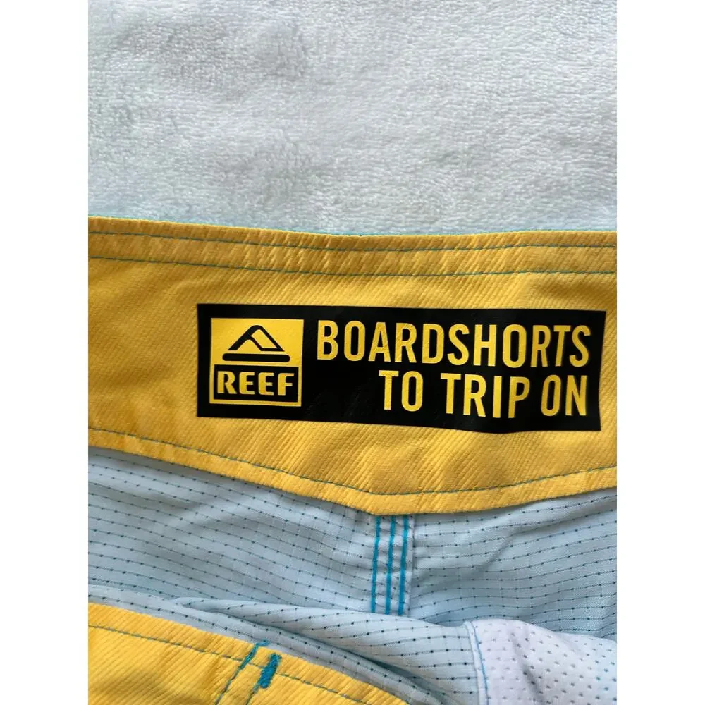 Reef Peeler Board Shorts Mens 28 Blue Yellow Drawstring Surfing Swim Trunks
